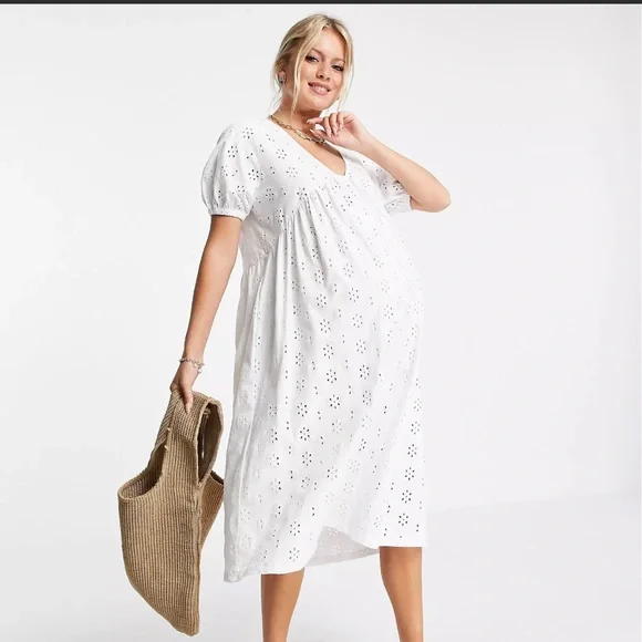 ASOS Design Maternity eyelet v neck midi dress with empire seam detail in White